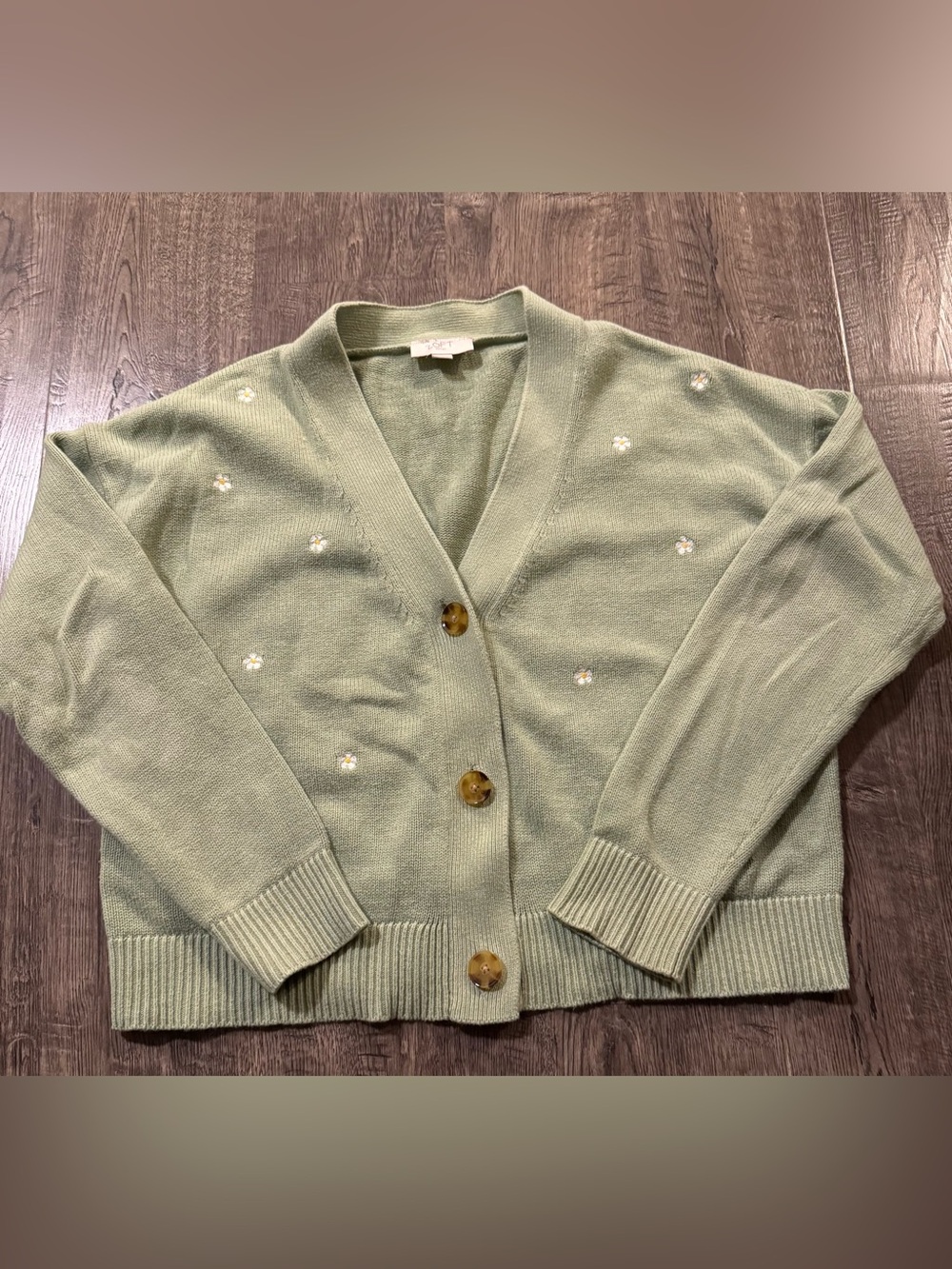 LOFT Light Sage Embroidered Daisy-Accent V-Neck Cardigan - Cottage core- Size M